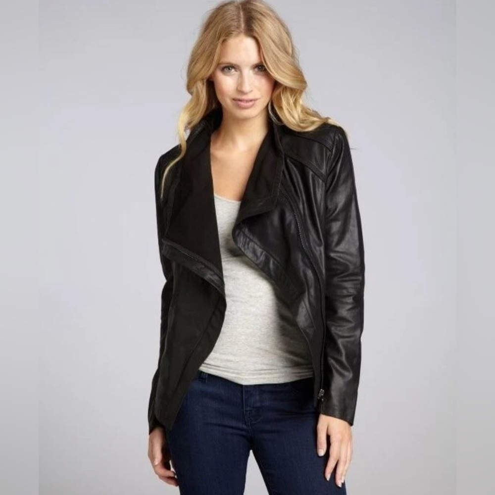 Elie Tahari Andreas Draped Collar Black Lamb Leather Moto Jacket w/ Knit Trim M
